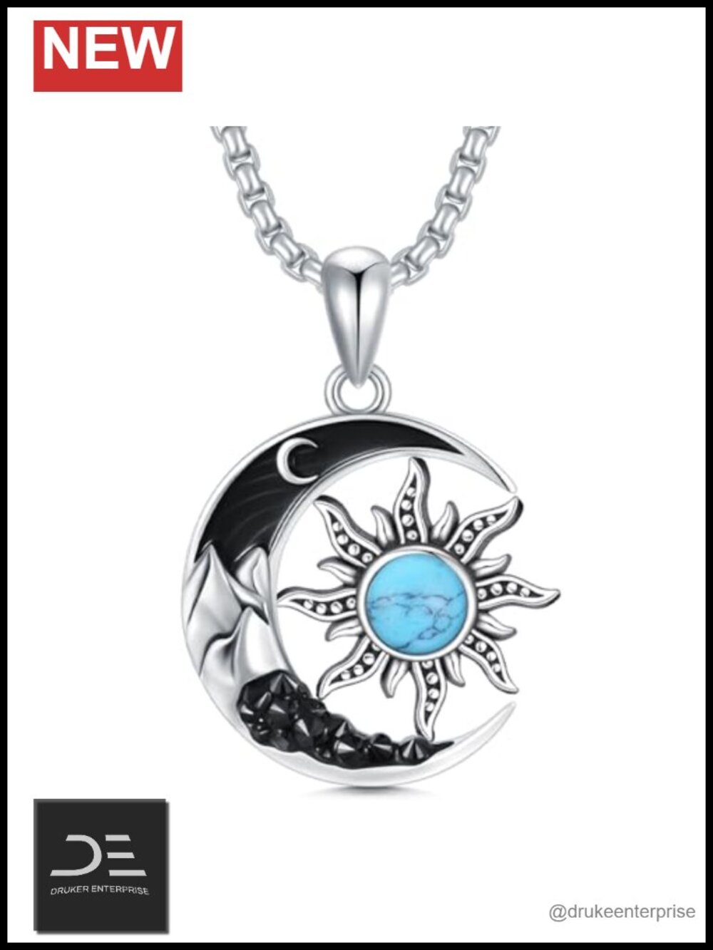 925 Sterling Silver Sun Moon Pendant Necklace Turquoise Birthstone Gothic